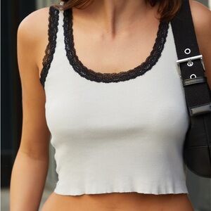 Brandy Melville White Cropped Tank Top with Black Lace Trim